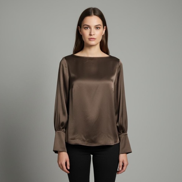 Maison d'Amelie Paris Brown Boat Neck Long Sleeve Cuff Satin Blouse Size Small - Picture 1 of 9